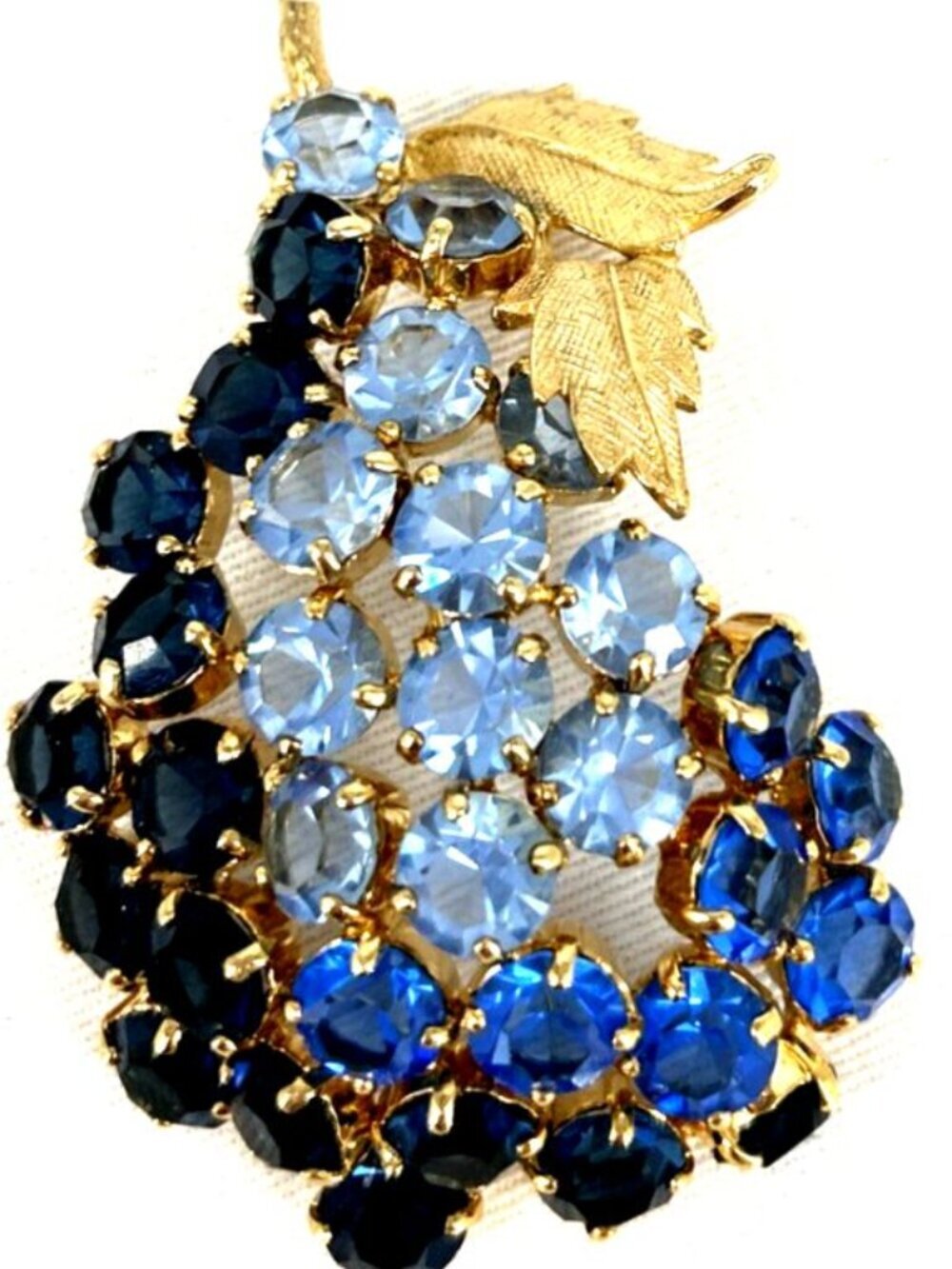 Castlecliff Pear Brooch Pin Blue Glass Stones Goldtone Signed Gold Plated 3"